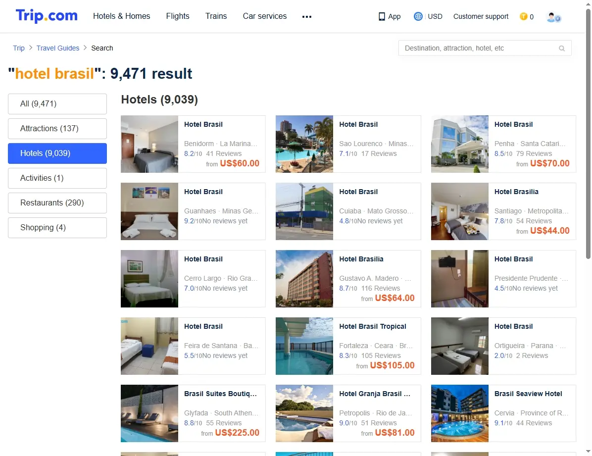Captura de pantalla de ofertas de hoteles en Brasil en Trip.com