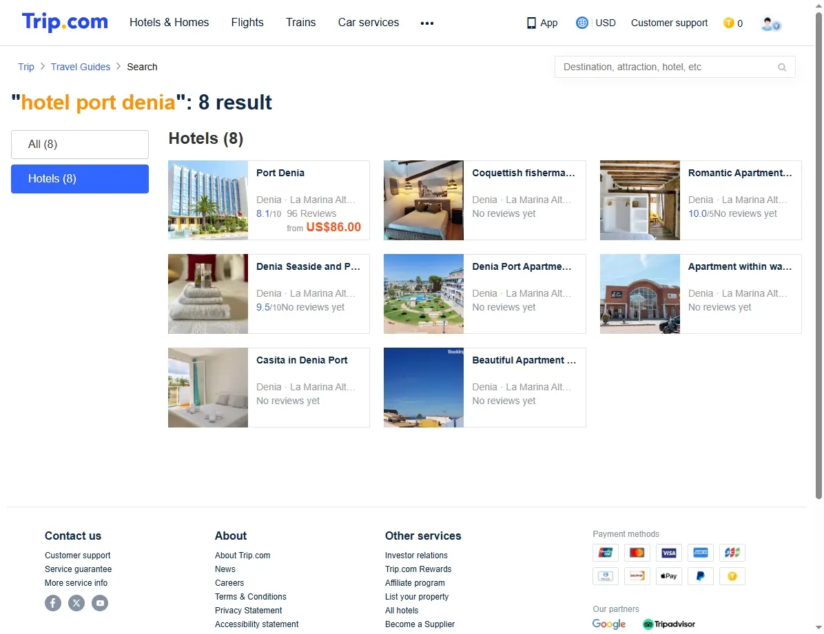 Captura de pantalla de ofertas especiales de hotel en Dénia
