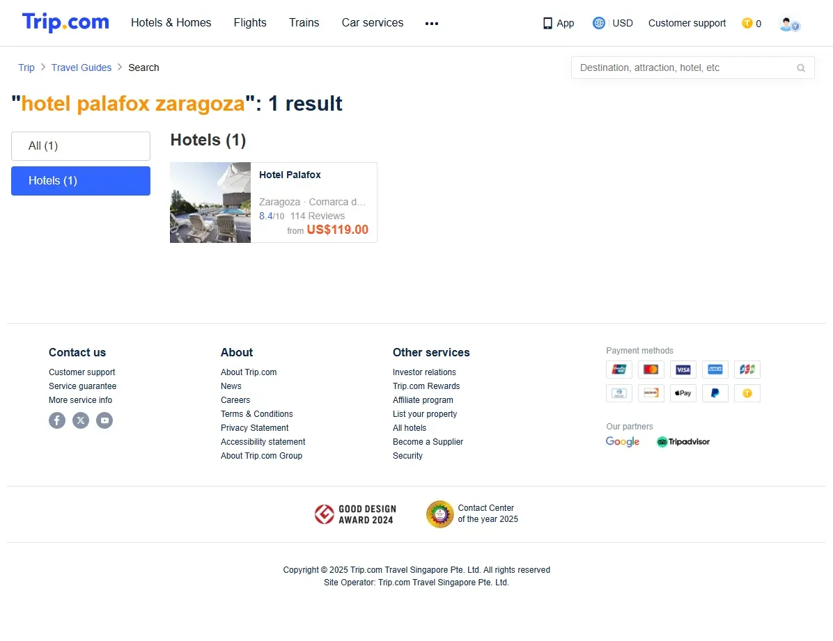 Captura de pantalla de ofertas de hotel para Hotel Palafox Zaragoza