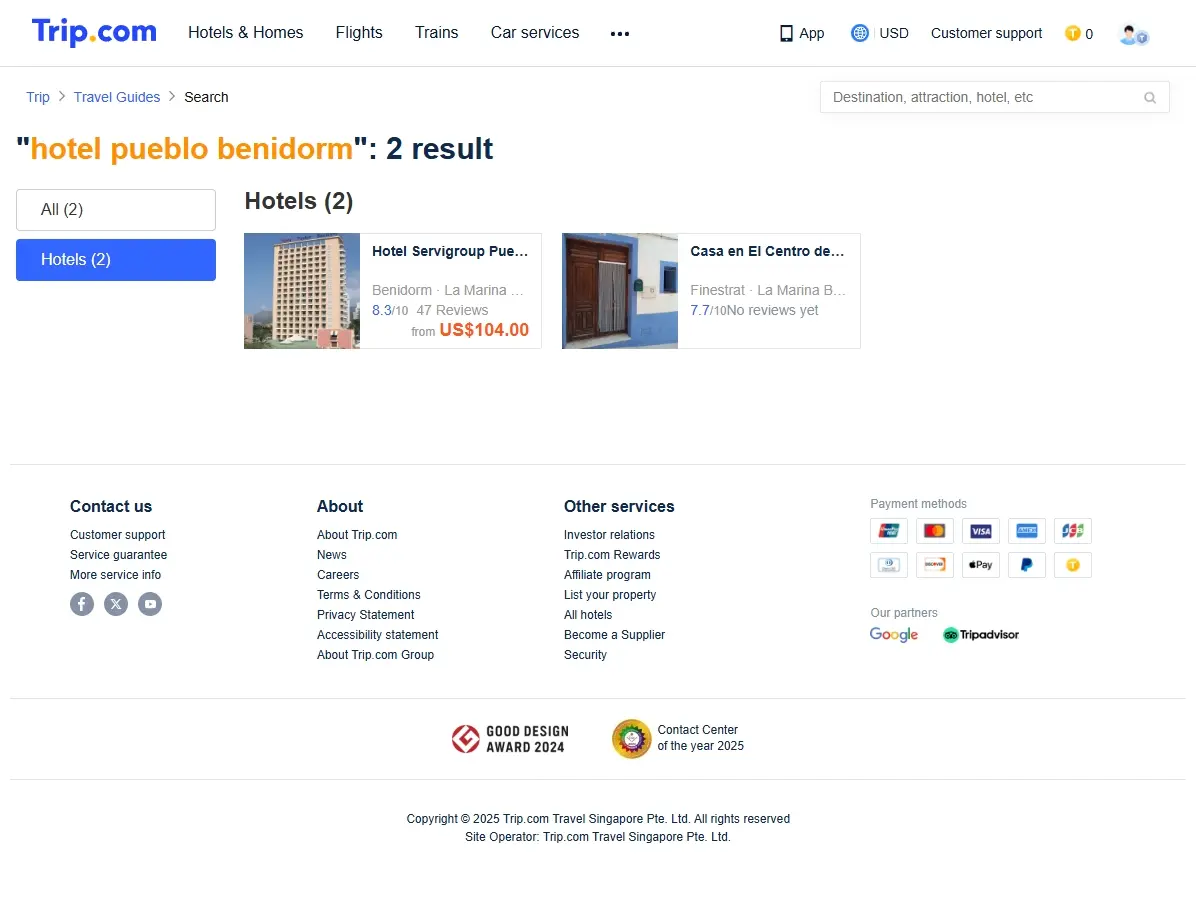Captura de pantalla mostrando ofertas especiales para Hotel Pueblo Benidorm