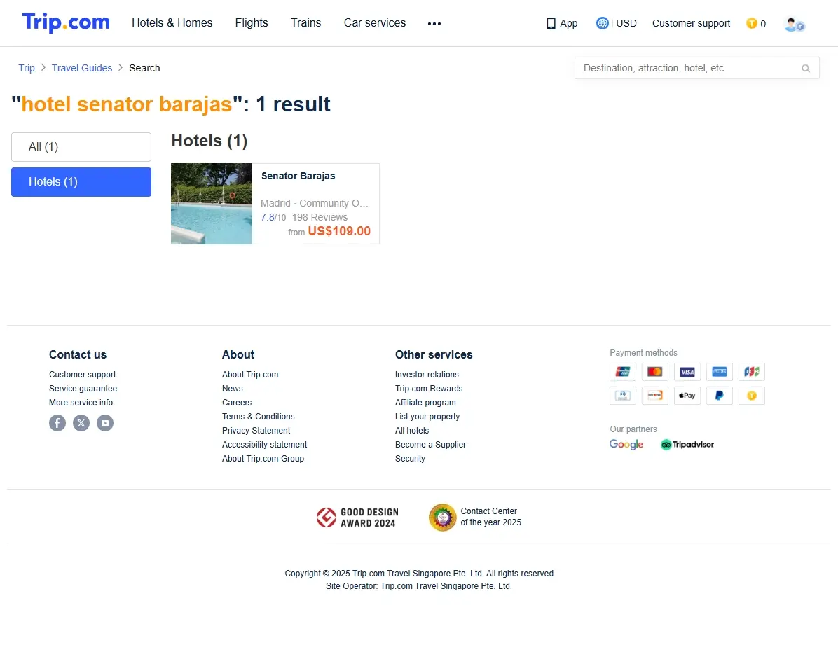 Captura de pantalla mostrando ofertas de reserva de hotel para el Senator Barajas