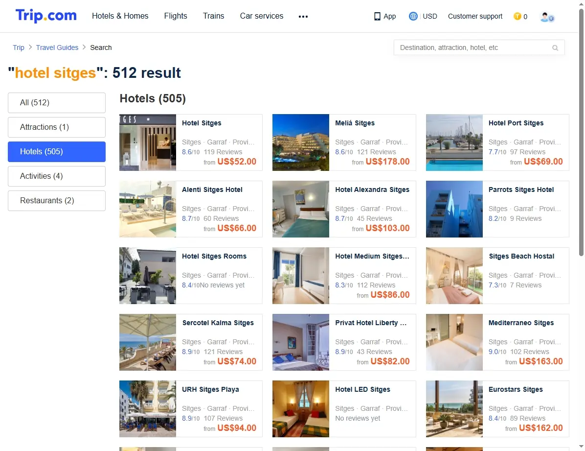 Captura de pantalla de ofertas de hoteles en Sitges