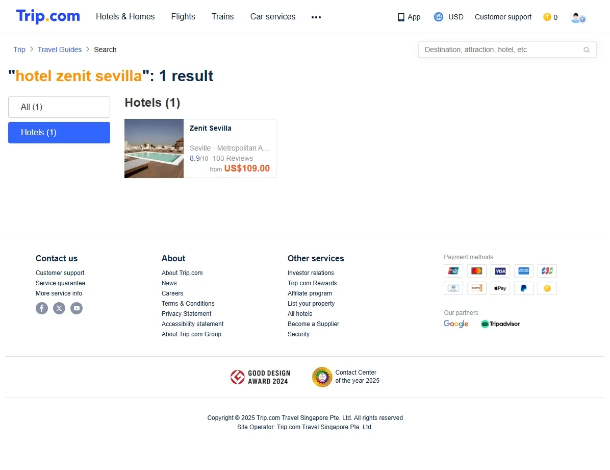 Captura de pantalla mostrando ofertas del Hotel Zenit Sevilla