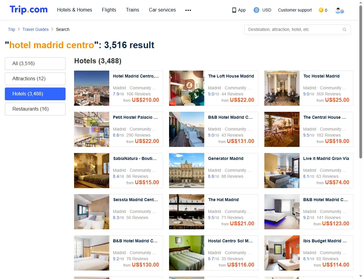 Captura de pantalla mostrando ofertas de hoteles en el centro de Madrid