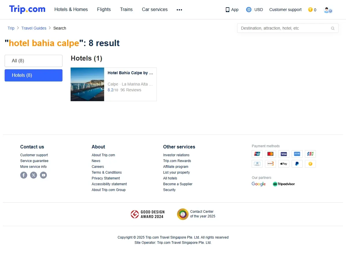 Captura de pantalla mostrando ofertas especiales del Hotel Bahía Calpe.