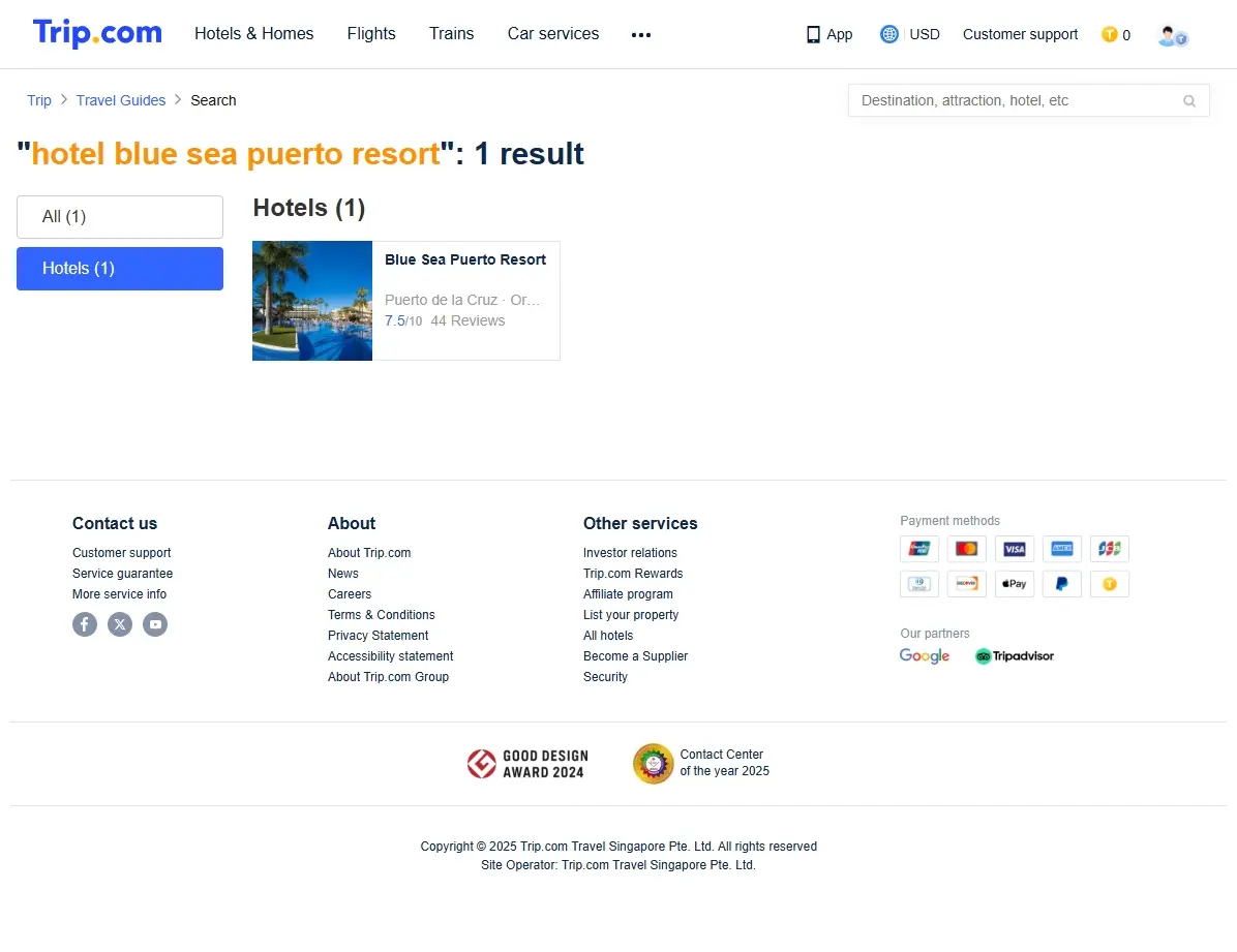 Captura de pantalla de ofertas especiales para el Hotel Blue Sea Puerto Resort.