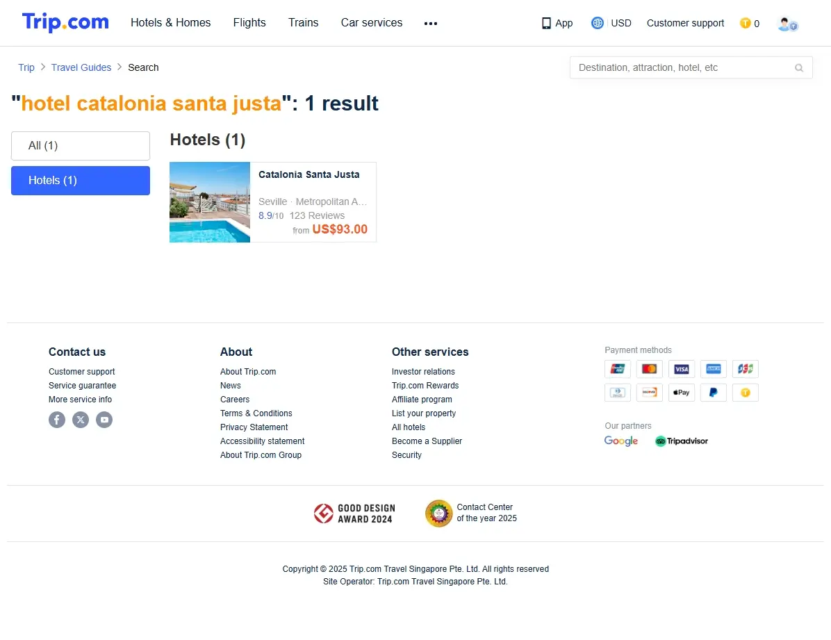 Captura de pantalla mostrando ofertas del Hotel Catalonia Santa Justa