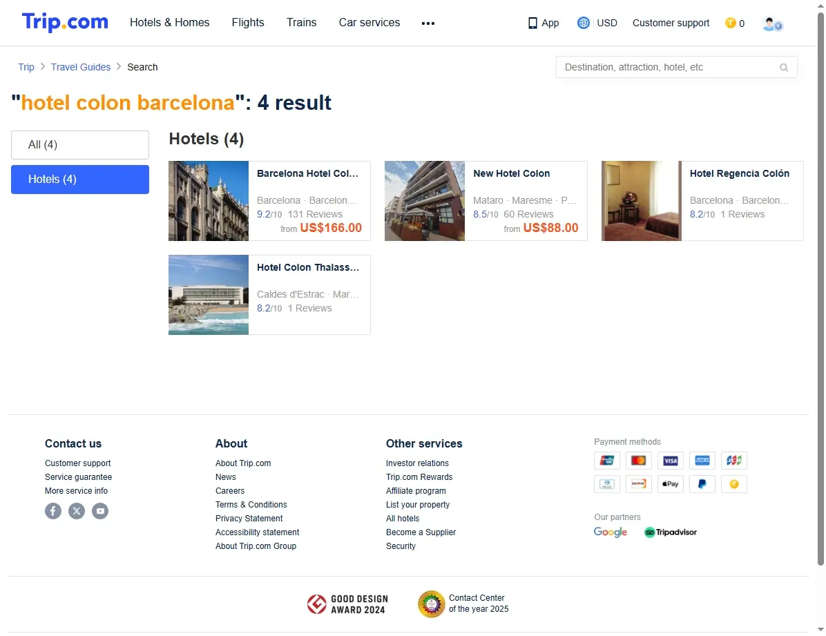 Captura de pantalla de ofertas de hoteles en Trip.com para Hotel Colón Barcelona