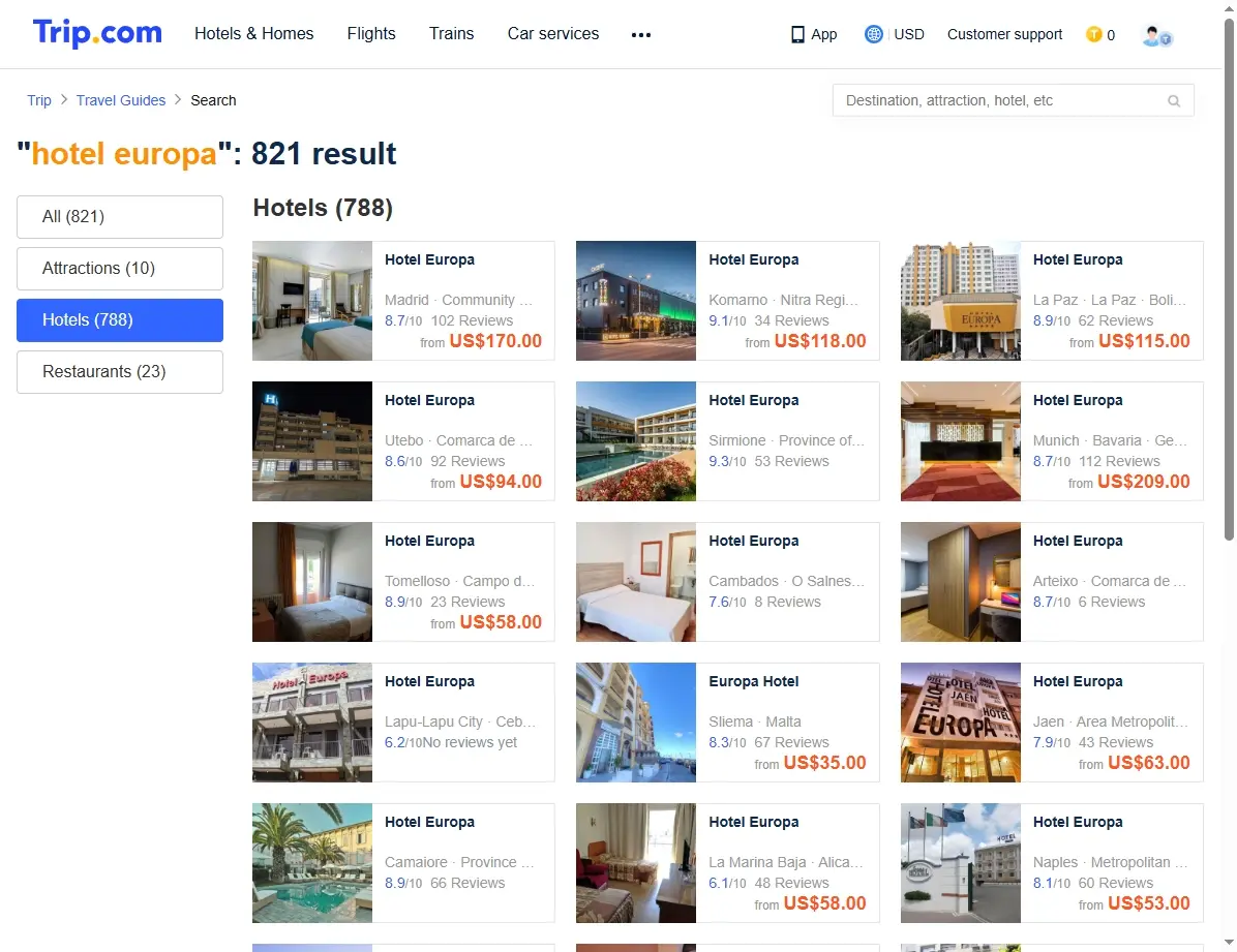 Captura de pantalla mostrando ofertas de hoteles en Europa.